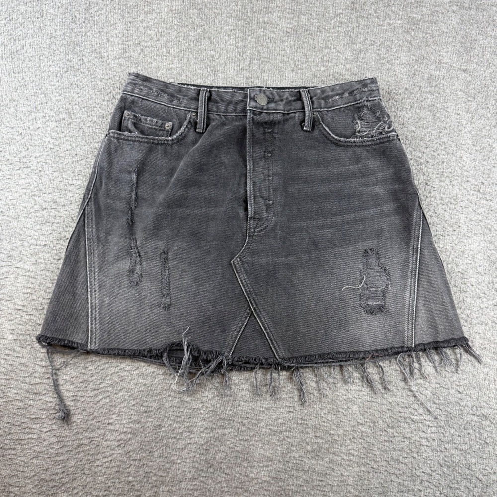 GRLFRND Denim Mini Skirt Women's 29 Black Distressed Frayed Raw Hem Button Fly
